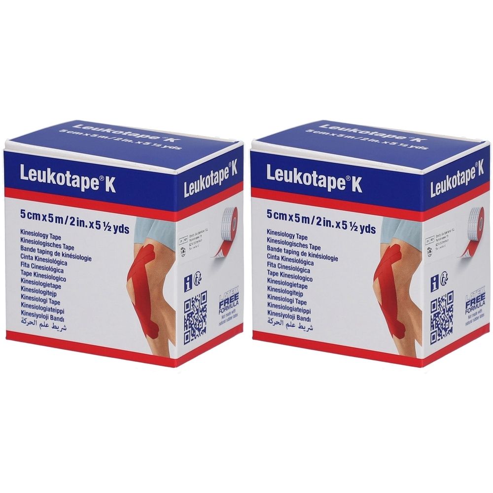 Zwei Packungen Leukotape Kinesiologie-Binde. Aufschrift: 5 cm x 5 m. Blaue und weiße Verpackung mit Produktnamen und Illustration.