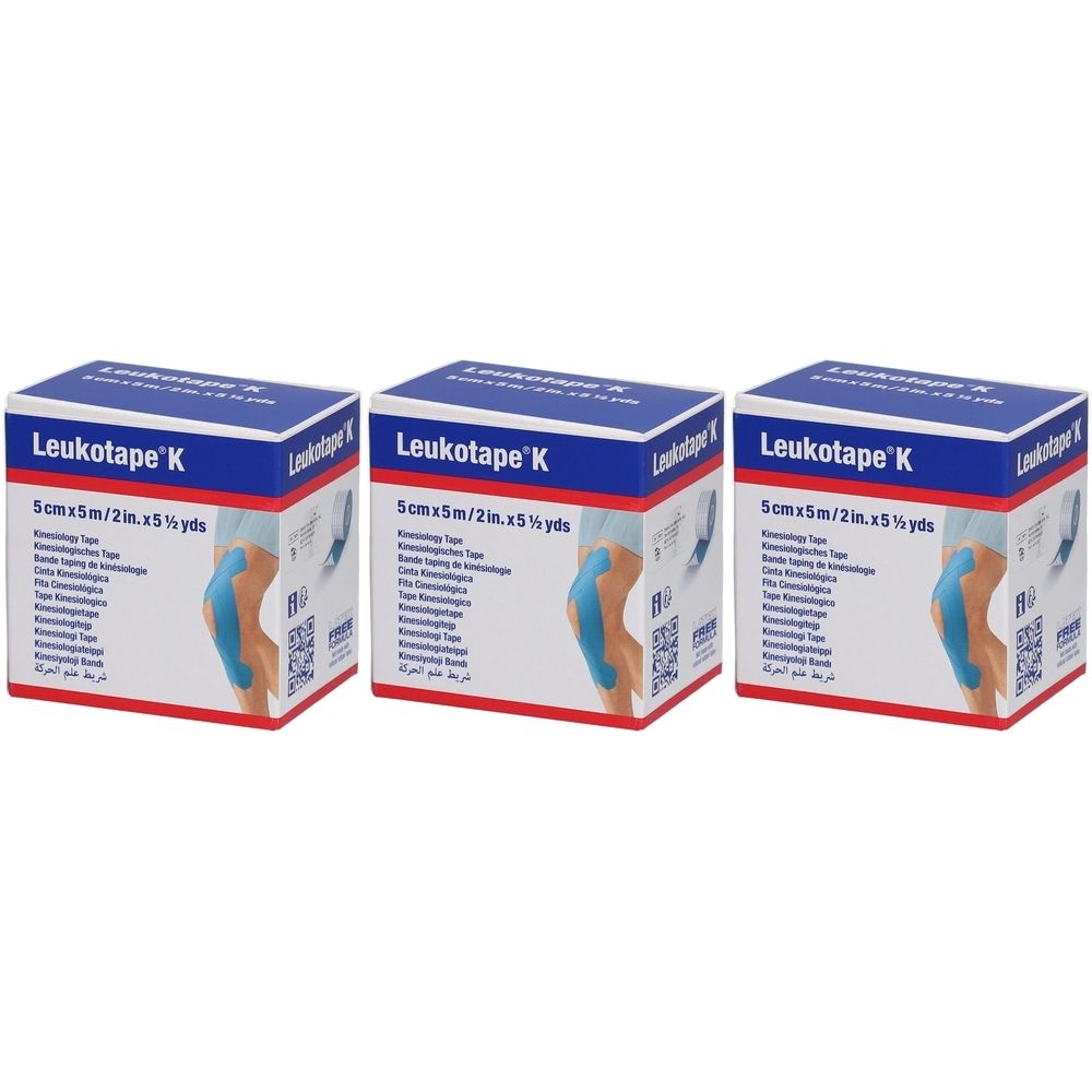 Drei Kartons Leukotape K. Aufschrift: 5cmx5m/2in.x5½ yds. Blaues Kinesiologie-Tape auf der Verpackung abgebildet.