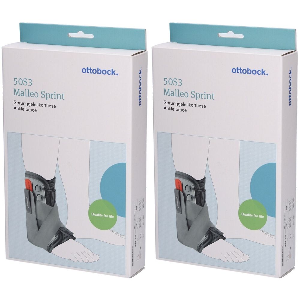 Zwei Verpackungen der Malleo Sprint Sprunggelenkorthese. Aufdruck: ottobock, 50S3, Ankle brace.