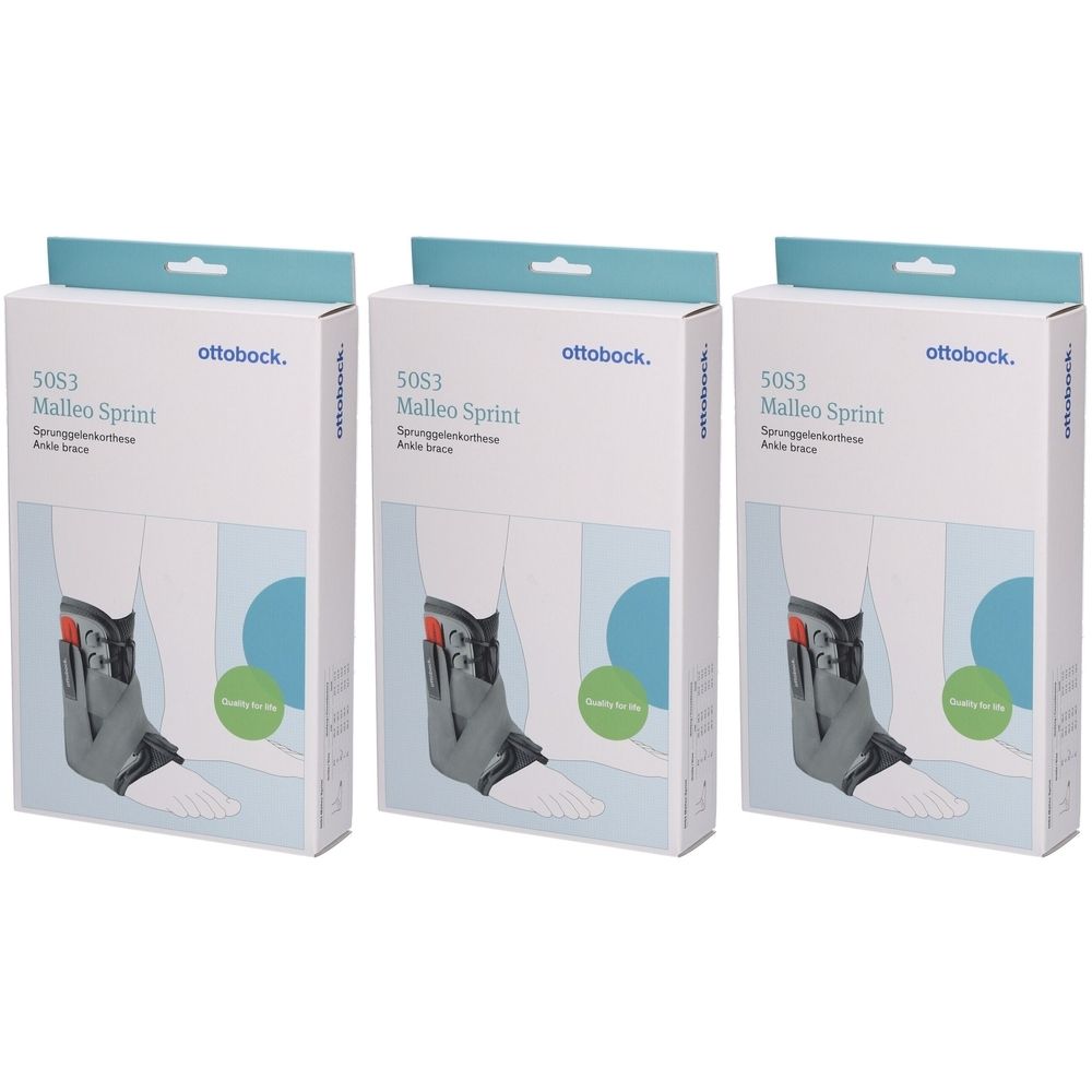 Drei Verpackungen der Malleo Sprint Sprunggelenkorthese. Aufdruck: Ottobock, 5053, Ankle Brace.