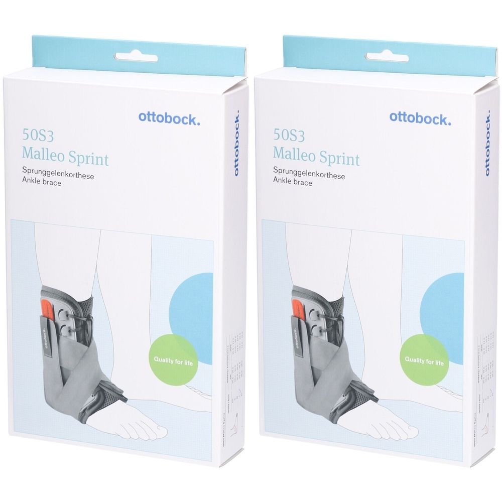 Zwei Ottobock Malleo Sprint Knöchelorthese-Verpackungen. Weiß, mit Produktabbildung und Text. Logo und Produktname deutlich sichtbar.