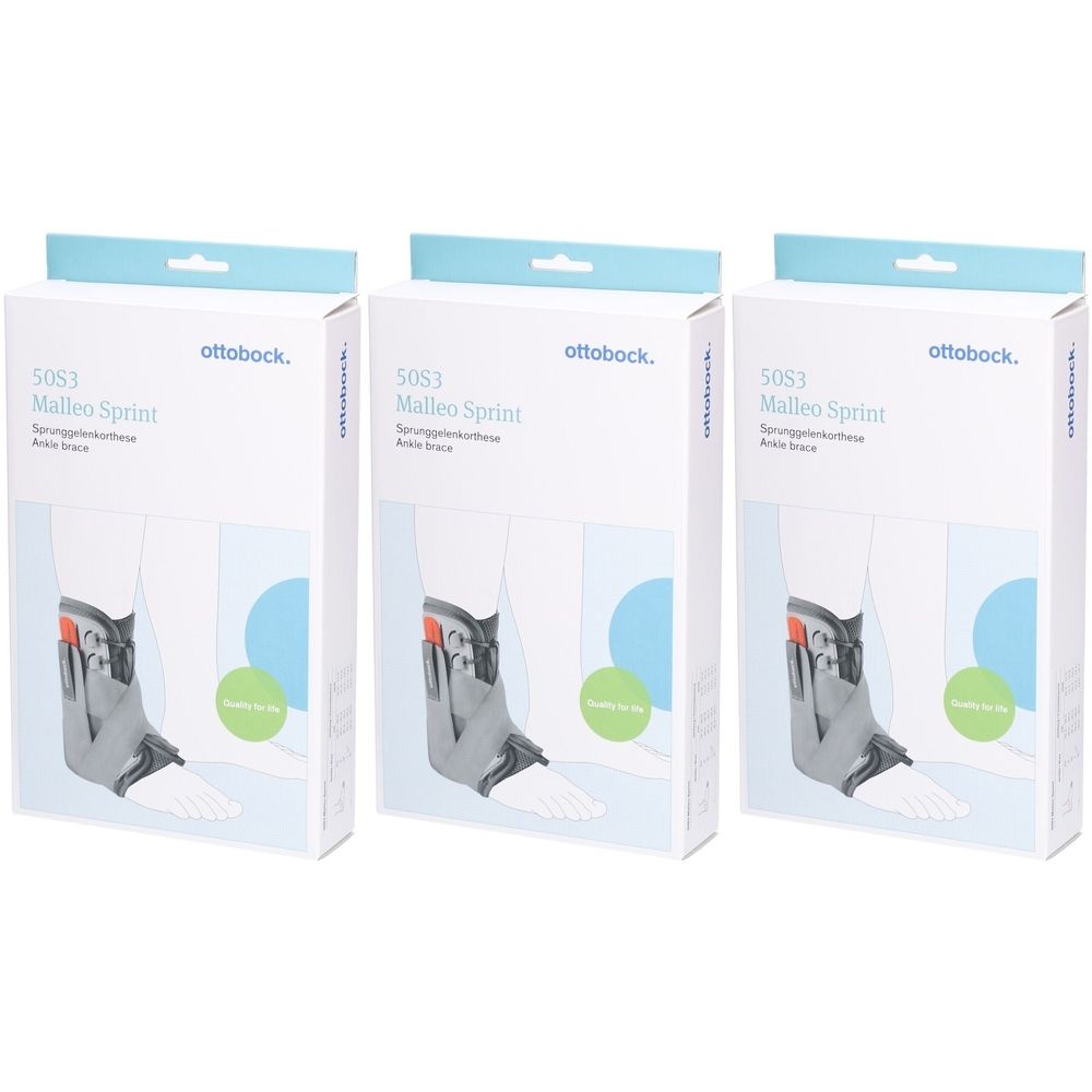 Drei Produktverpackungen der Ottobock Malleo Sprint Knöchelorthese. Graue Orthese auf weißem Karton, Produktname und Logo sichtbar.