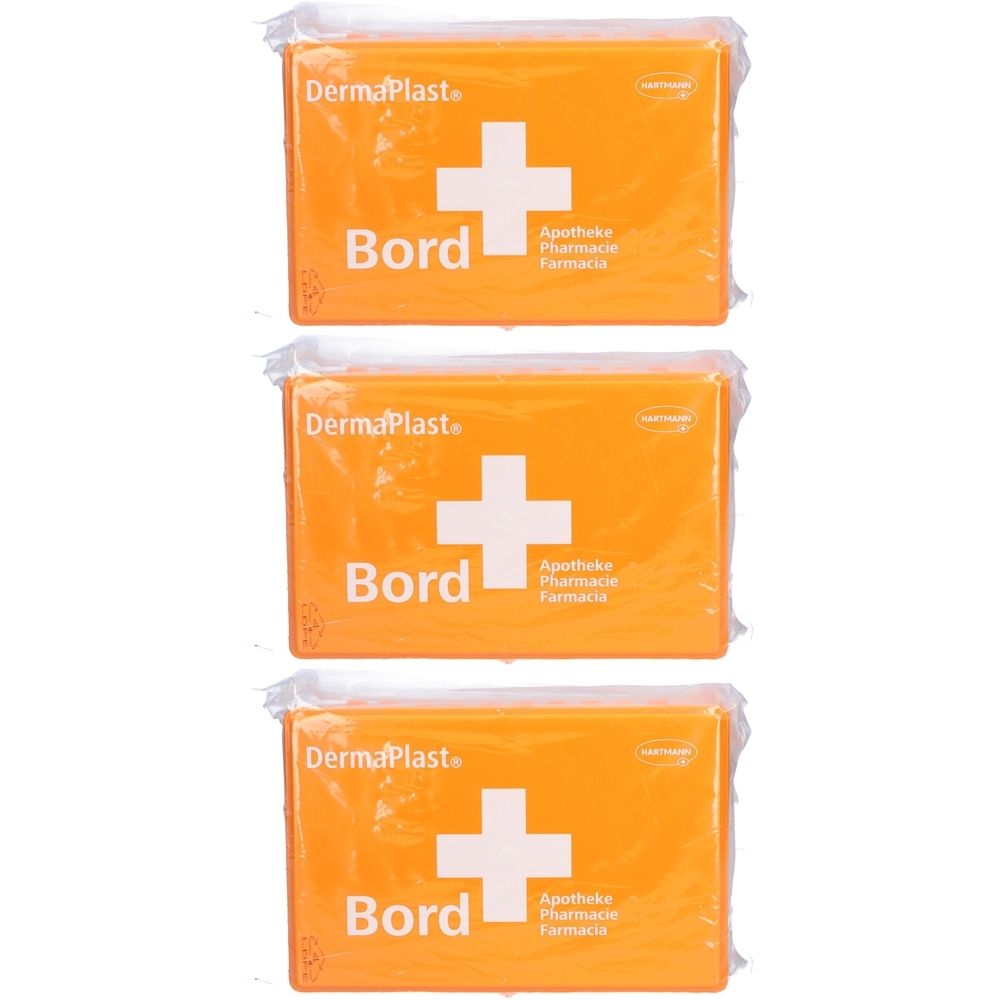 Drei orangefarbene Erste-Hilfe-Kästen mit weißem Kreuz, verpackt in Folie. Aufschrift: DermaPlast Bord.
