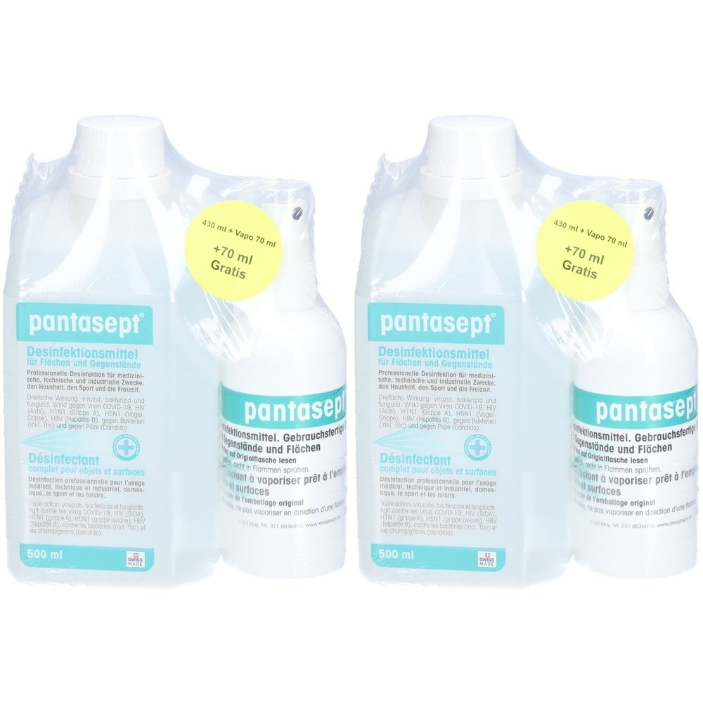 Deux ensembles de désinfectant. Chaque ensemble comprend une grande et une petite bouteille. Autocollant "+70 ml Gratuit".