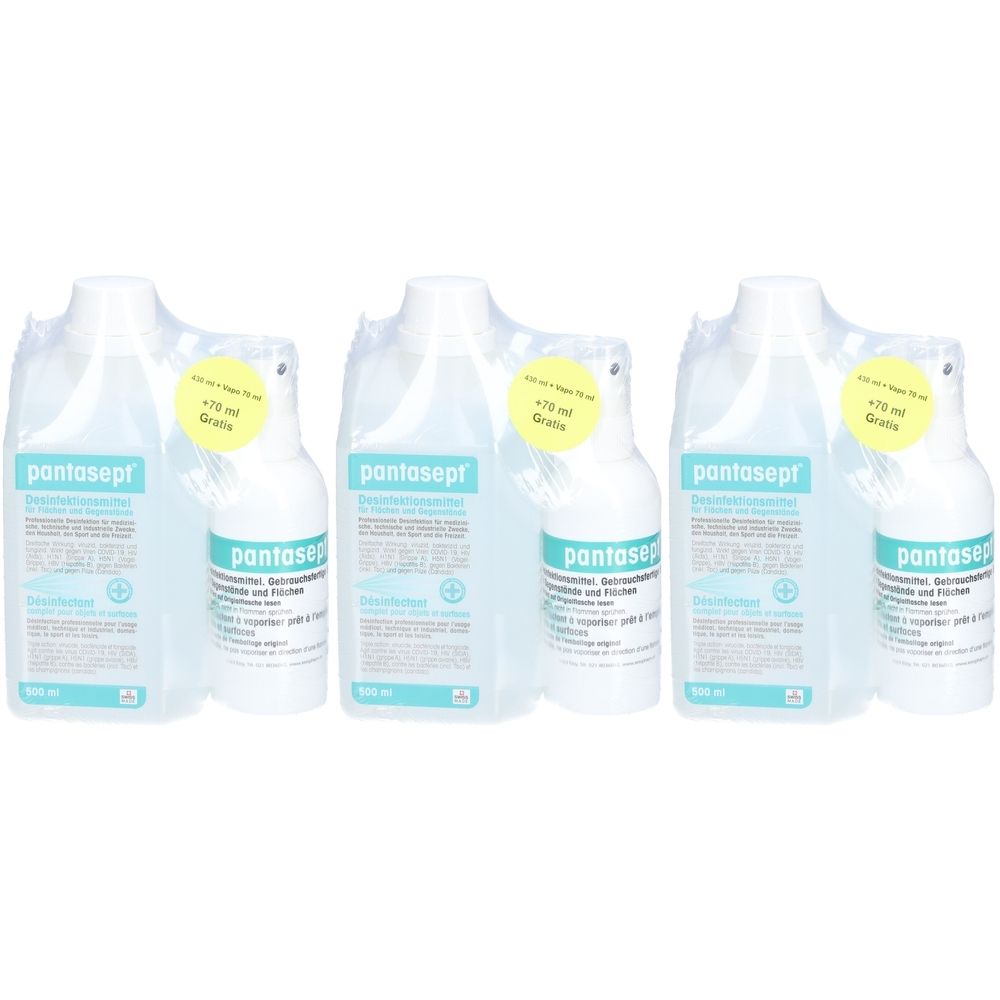 Trois ensembles de solution désinfectante. Chaque ensemble contient une grande et une petite bouteille, emballées dans du film plastique. Autocollants avec texte.