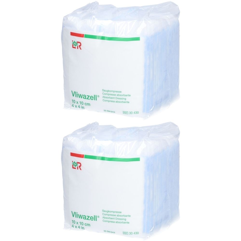Zwei Packungen Vliwazell® Saugkompressen. Jede Packung enthält blaue Kompressen. Aufdruck mit Logo, Produktname und Größe 10x10 cm.