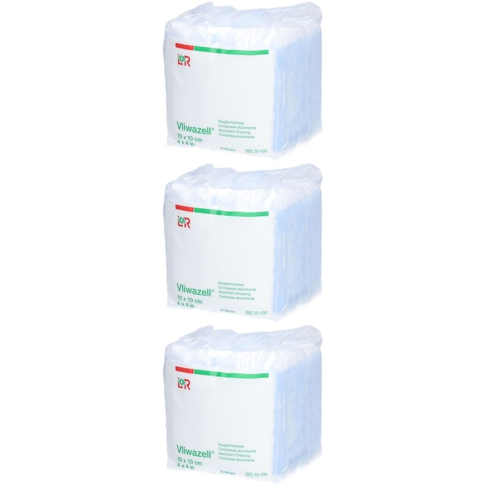 Drei Packungen LR Vliwazell® Saugkompressen. Jede Packung hat eine weiße Vorderseite mit rotem und grünem Streifen und Produktinformationen.