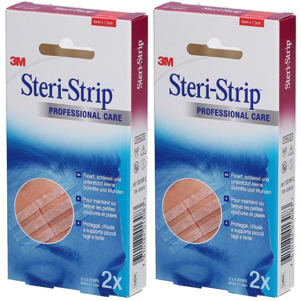 Zwei Packungen 3M Steri-Strip. Aufdruck: Professional Care. Gezeigt sind Hautnahtstreifen auf einer Hautpartie. 2x Packungen.