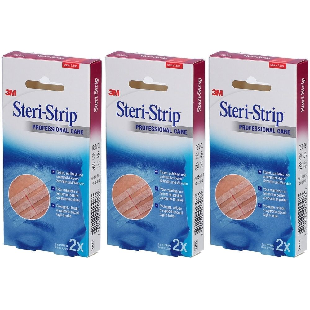Drei Packungen 3M Steri-Strip. Jede Packung enthält 2 Stück. Aufdruck: Professional Care.