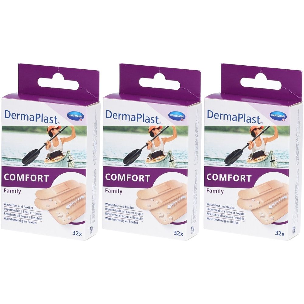 Trois boîtes de pansements. Inscription: Dermaplast Comfort Family. Imperméable et flexible. 32 pièces par boîte.