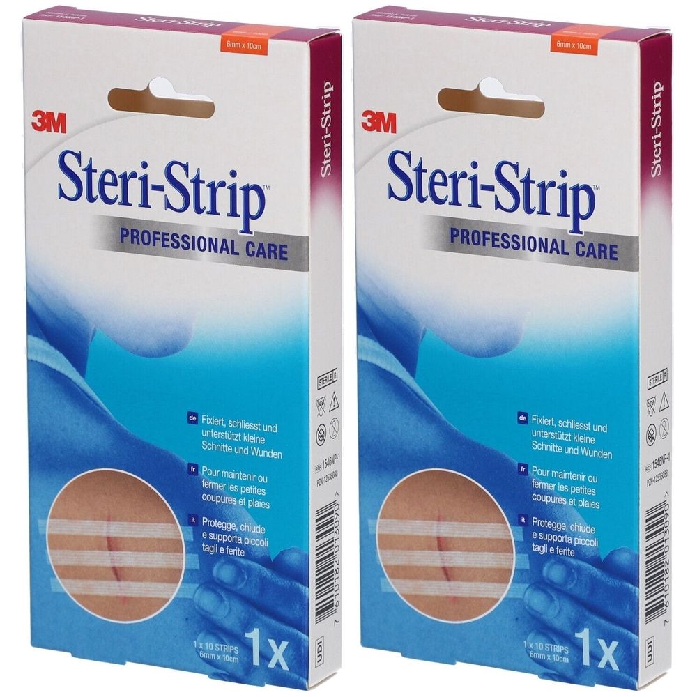 Zwei Packungen 3M Steri-Strip. Aufdruck: PROFESSIONAL CARE. Gezeigt wird eine Illustration mit Hautnahtmaterial auf einer Wunde. 1x Packung.