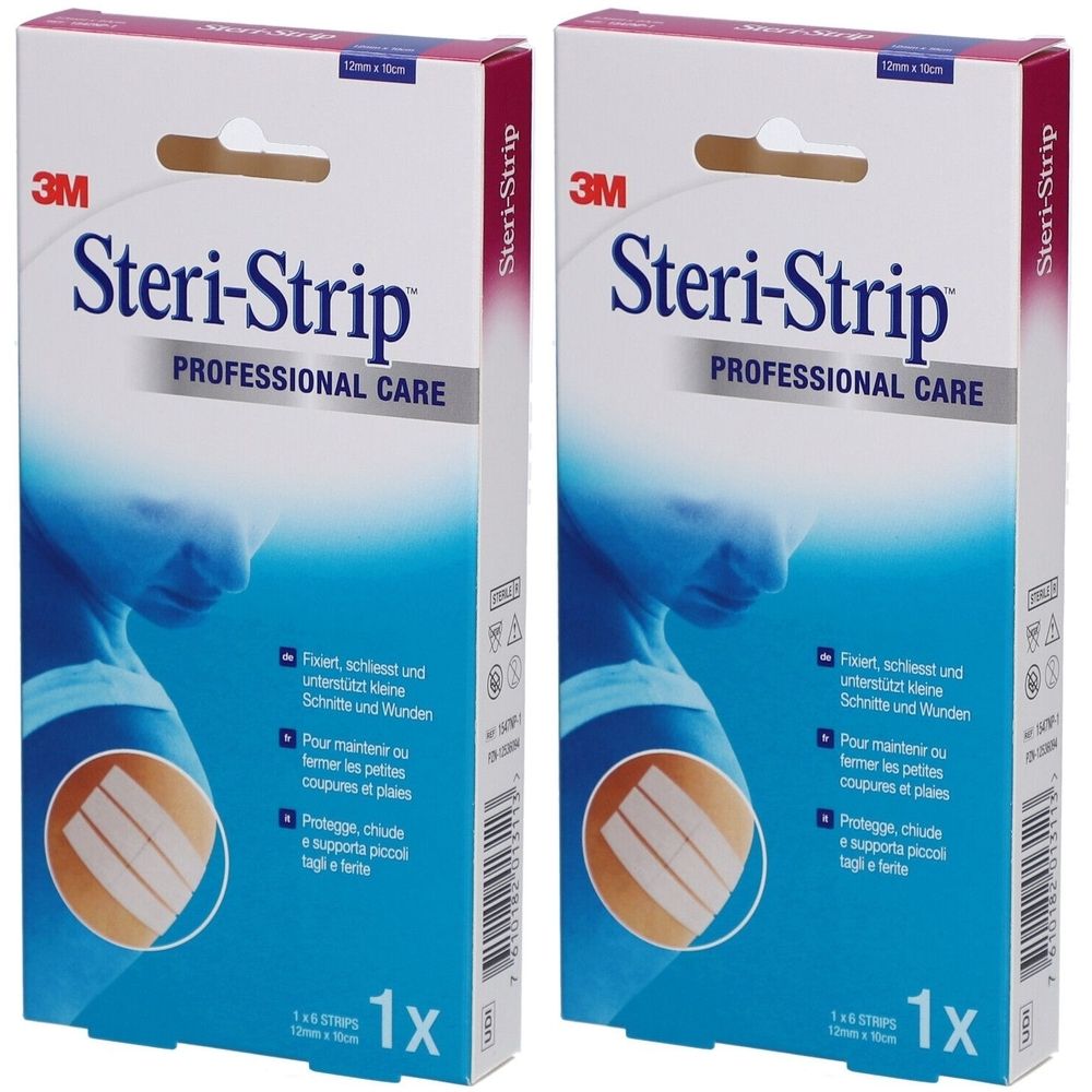Zwei Packungen 3M Steri-Strip. Aufschrift: PROFESSIONAL CARE. Enthält Streifen zur Wundversorgung. Verpackung mit Aufhängevorrichtung.