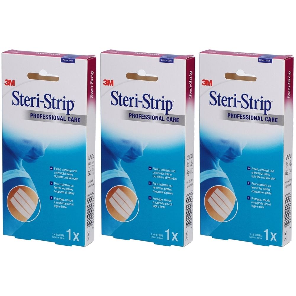 Drei Packungen 3M Steri-Strip. Jede Packung zeigt das Produkt und den Schriftzug "PROFESSIONAL CARE".