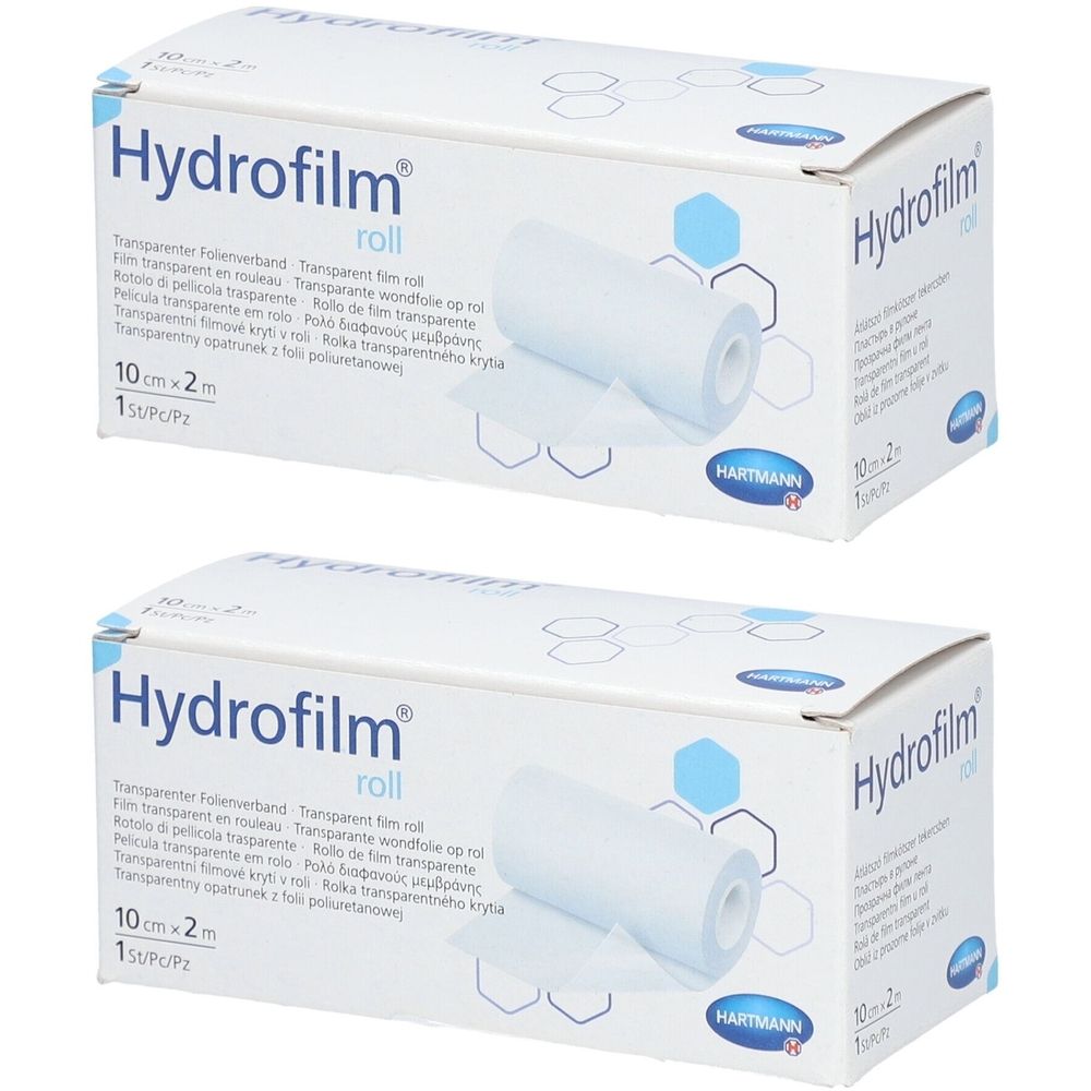 Zwei Kartons Hydrofilm® roll. Aufdruck: 10cm x 2m. Marke Hartmann. Transparente Folienrolle in Verpackung.