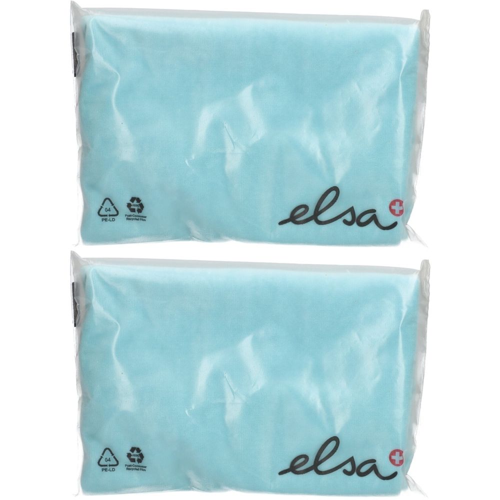 Deux taies d'oreiller bleu clair emballées. Marque "elsa" imprimée, symboles de recyclage visibles.