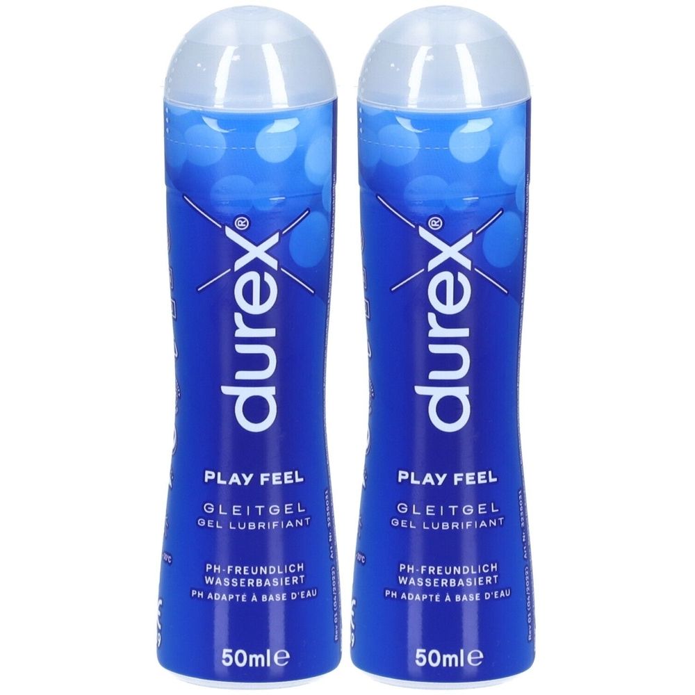 Zwei blaue Flaschen mit weißem Deckel. Aufschrift: durex, PLAY FEEL, Gleitgel, pH-freundlich, wasserbasiert, 50ml.