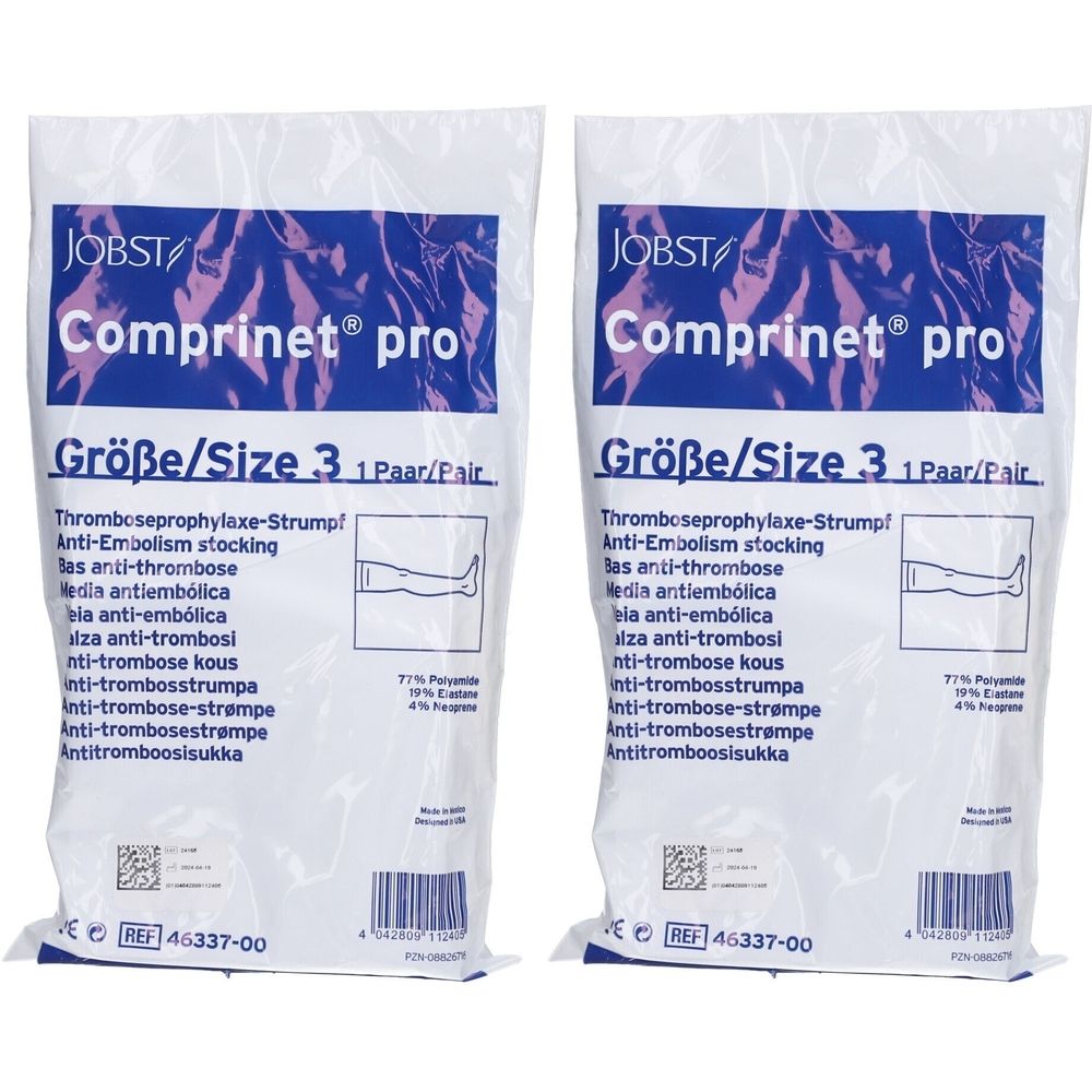 Deux sachets de bas de compression. Inscription : JOBST Comprinet pro, Taille 3, 1 paire. Bas anti-embolie.