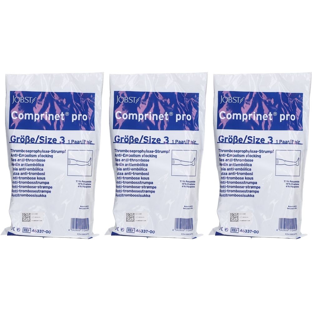 Trois emballages blancs avec informations produit. Inscription: JOBST Comprinet pro, Taille 3. Bas de contention anti-thrombose.
