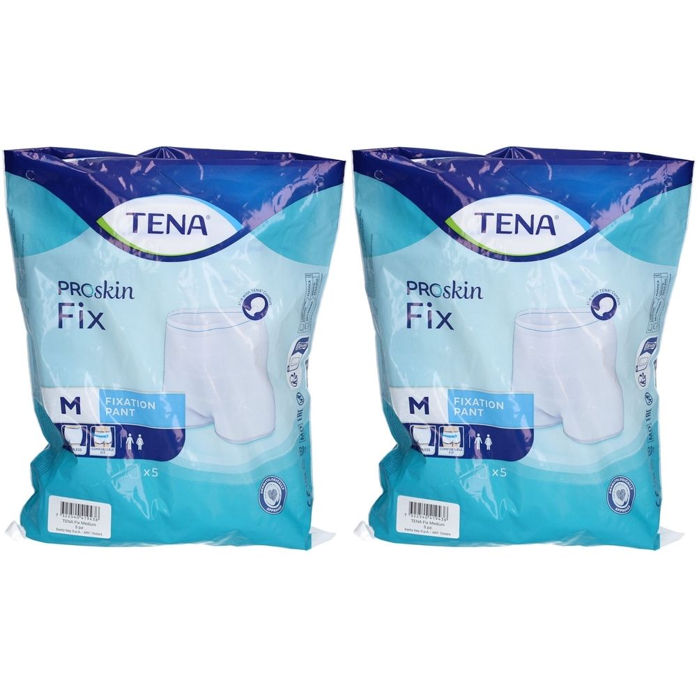 Zwei Packungen TENA ProSkin Fix Fixierhosen M. Jede Packung zeigt eine weiße Fixierhose. Aufdrucke: TENA, ProSkin Fix, M, Fixation Pant.