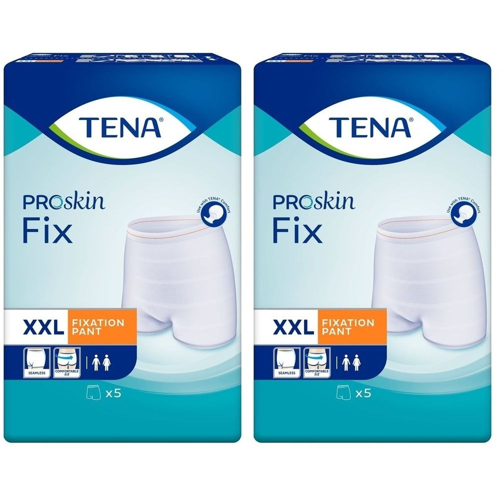 Deux paquets de slips de fixation TENA ProSkin Fix XXL. Slips blancs représentés. Paquet de 5 pièces.