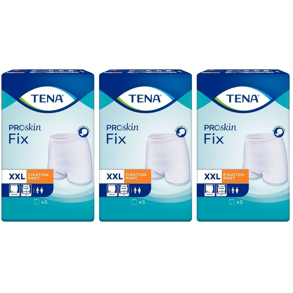 Trois paquets de TENA Fix Fixation Pant XXL. Chaque paquet montre un sous-vêtement blanc et contient 5 pièces. Inscriptions : TENA, ProSkin, Fix.
