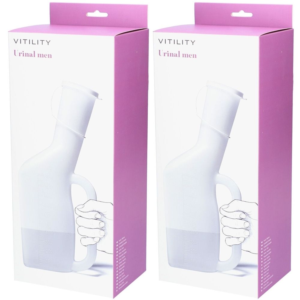 Zwei weiße Urinale für Männer in Verpackungen. Aufdruck: VITILITY Urinal men. Rosa Verpackung mit Griffdarstellung.