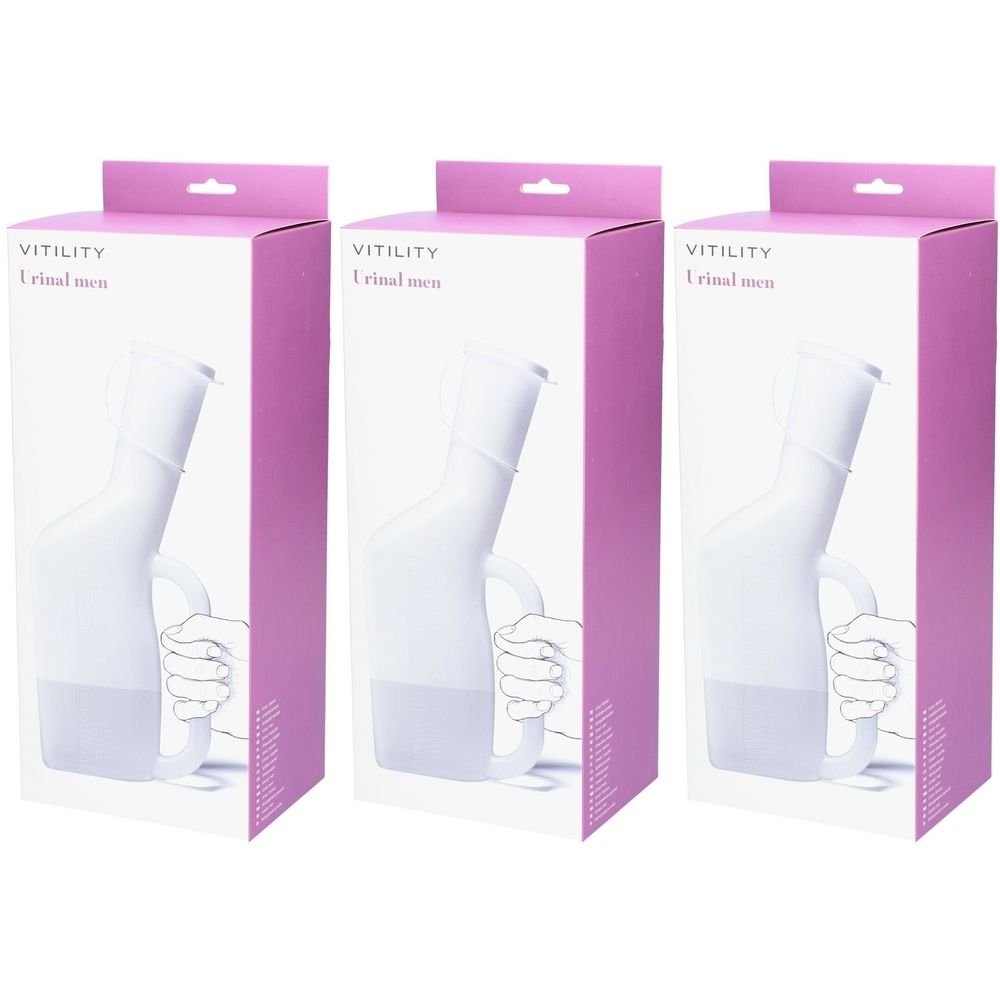 Drei weiße Urinale für Männer in Verpackungen. Aufdruck: VITILITY Urinal men.