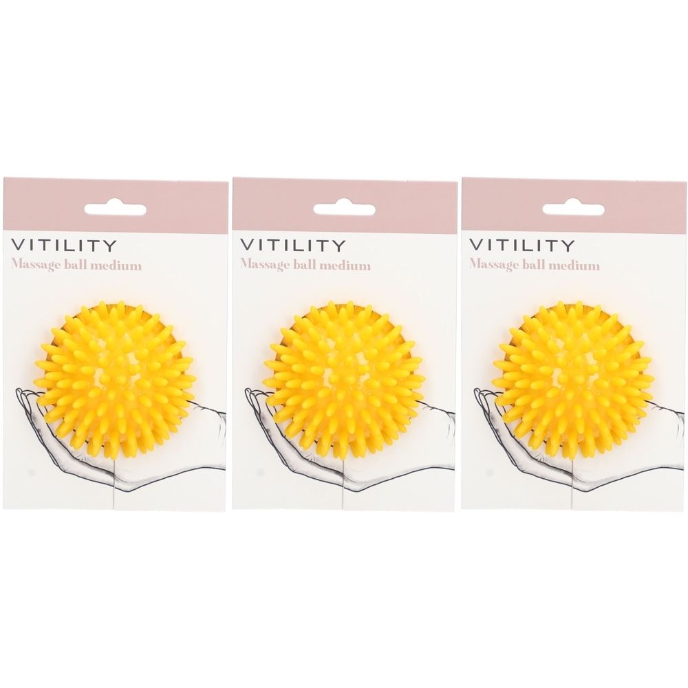 Drei gelbe Massagebälle mit Noppen, in Verpackungen mit dem Schriftzug VITILITY. Die Bälle werden in Händen gezeigt.