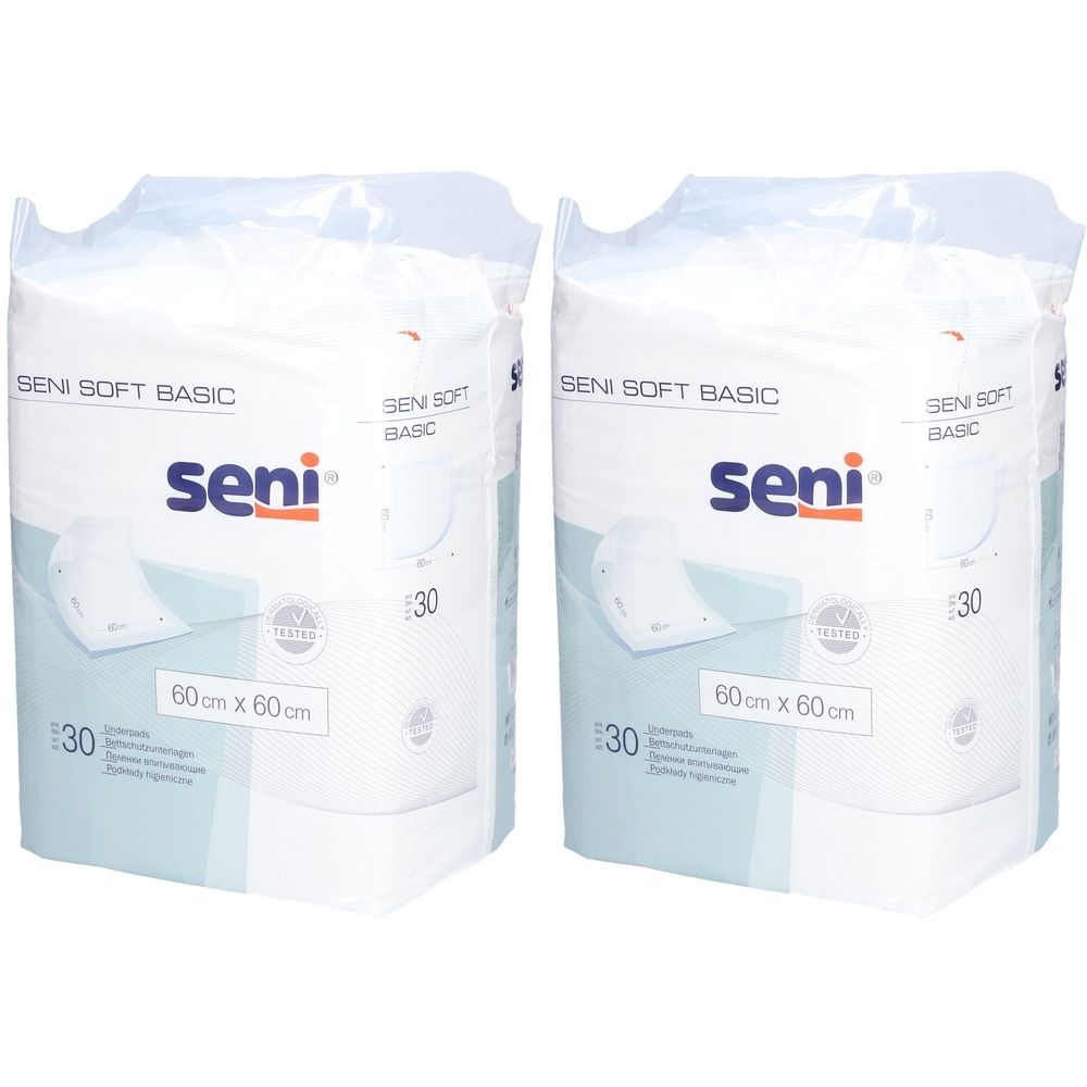 Deux paquets de protections Seni Soft Basic. Chaque paquet contient 30 unités, 60x60cm. Marque Seni.
