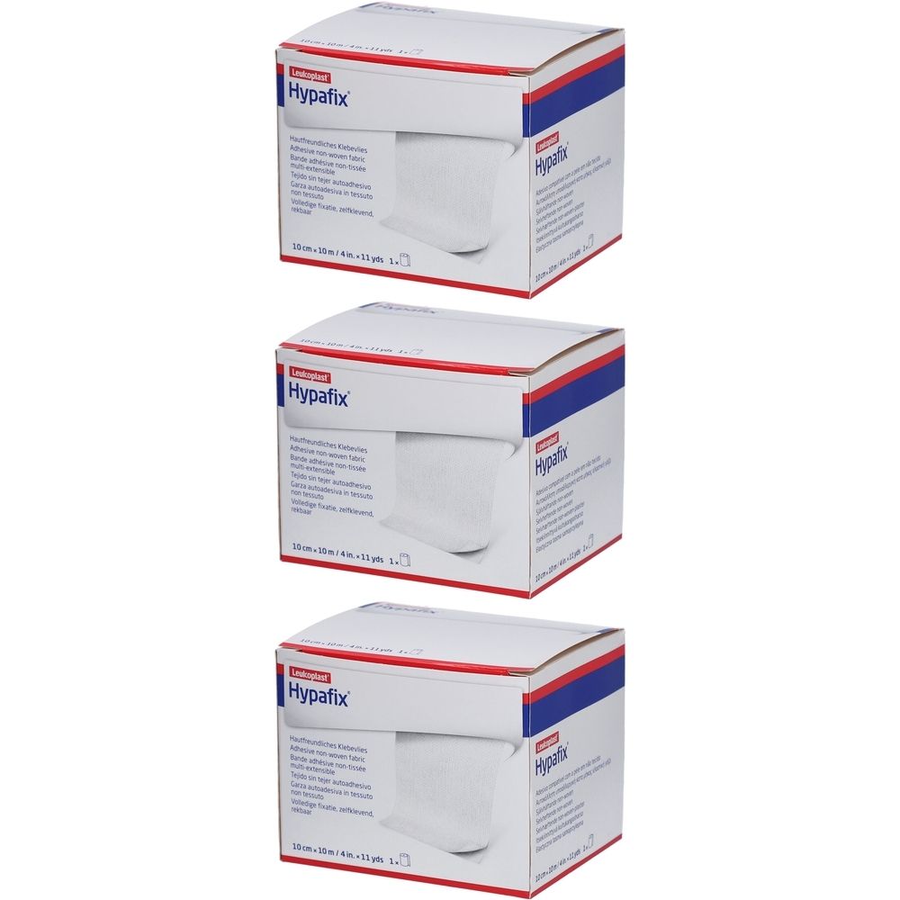 Drei Kartons mit dem Produkt Hypafix. Aufdrucke: Hypafix, Klebevlies, 10 cm x 10 m. Verpackung in Weiß, Rot und Blau.
