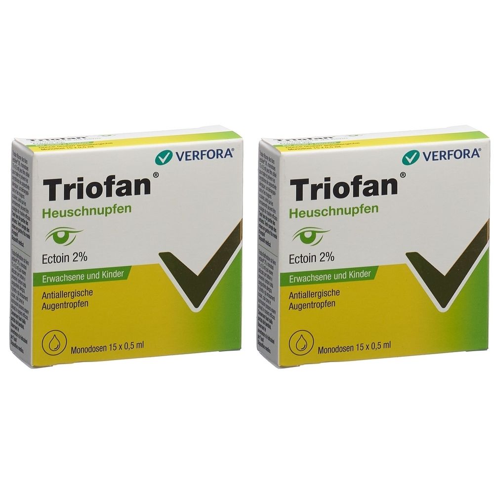 Zwei Schachteln mit Augentropfen. Aufschrift: Triofan Heuschnupfen, Ectoin 2%, für Erwachsene und Kinder. Monodosen 15 x 0,5 ml.
