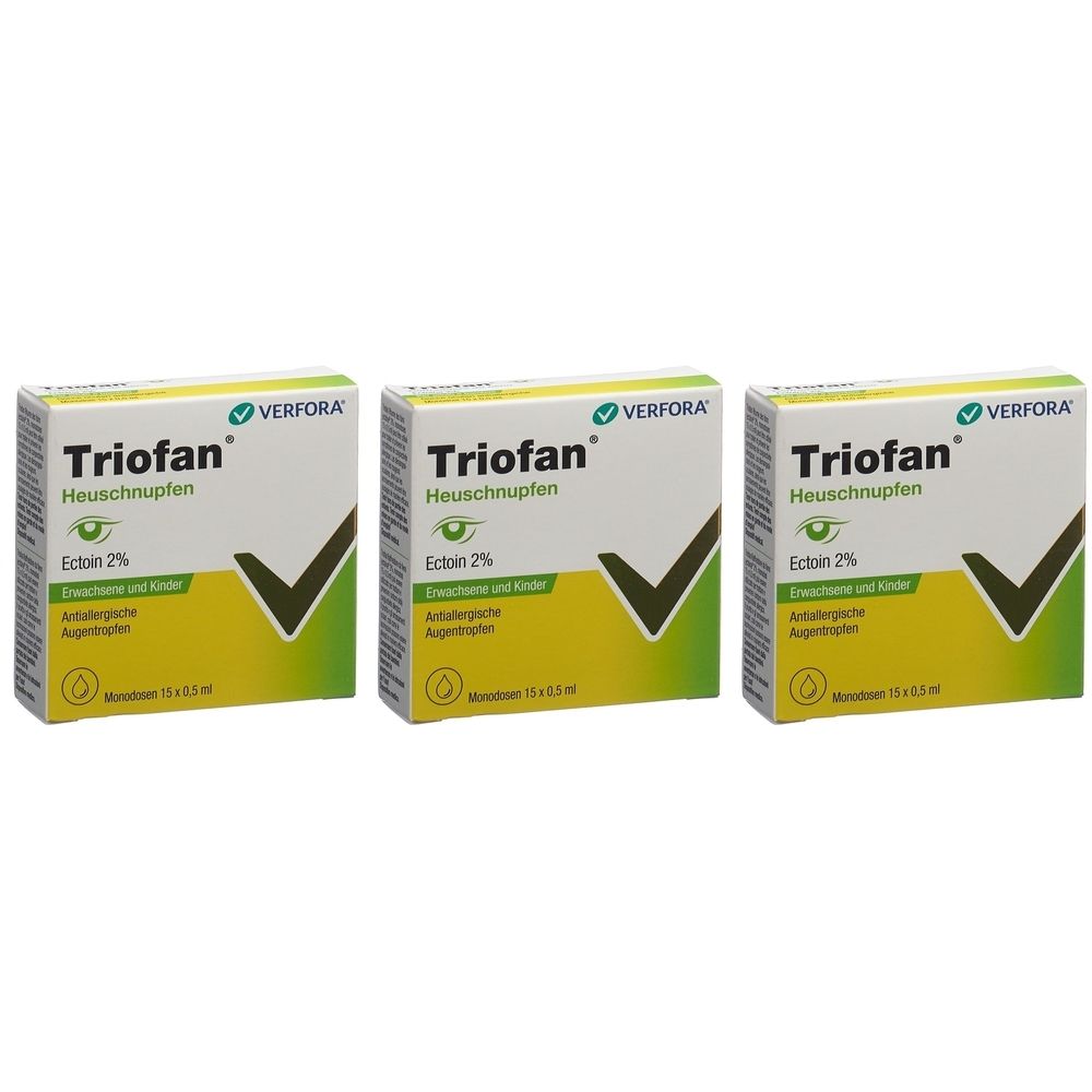 Drei Schachteln TRIOFAN Heuschnupfen Augentropfen. Weiße Schachteln mit grünen und gelben Akzenten. Text: Ectoin 2%, Antiallergische Augentropfen.