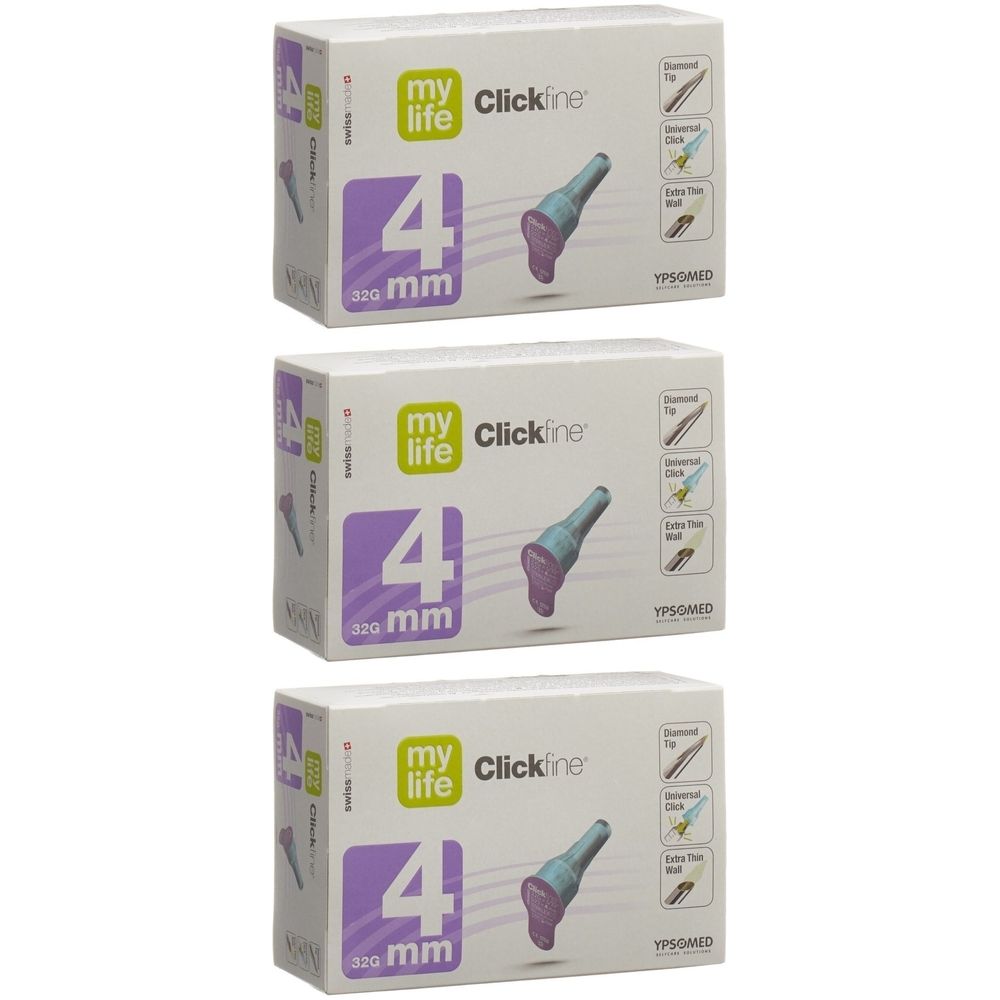 Drei Packungen MYLIFE Clickfine Pen-Nadeln. Jede Packung zeigt 4 mm und 32G. Auf jeder Packung ist ein Produkt abgebildet.
