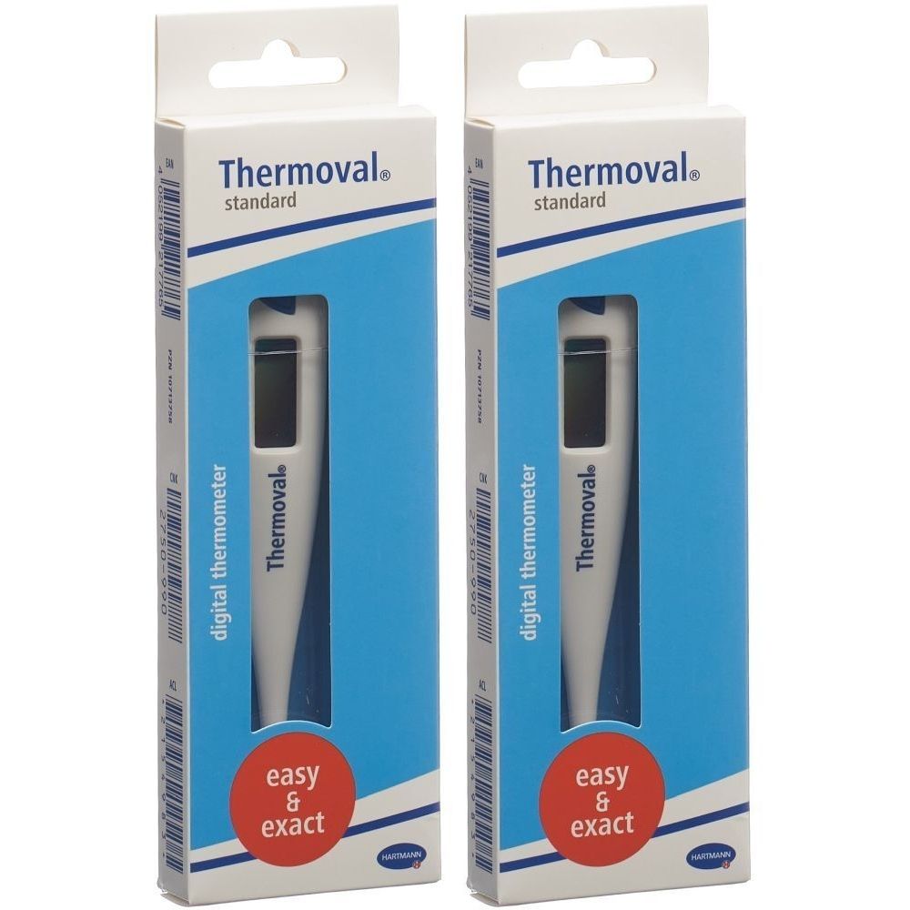 Deux thermomètres électroniques Thermoval Standard dans leur emballage. Thermomètres blancs avec écran, dans des boîtes bleues et blanches.