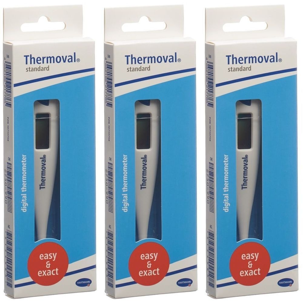 Trois thermomètres électroniques Thermoval Standard dans leur emballage. Thermomètres blancs avec écran, dans des boîtes bleues avec cercle rouge.