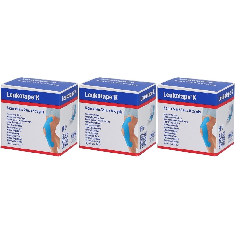 Drei Packungen Leukotape K. Jede Packung zeigt Produktname, Größe und eine Abbildung. Blau-weißes Design.