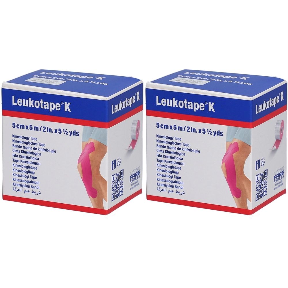 Zwei Packungen Leukotape K, 5 cm x 5 m. Blaue und weiße Verpackung mit Produktinformationen und Abbildung eines Knies.