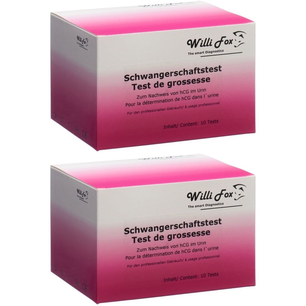 Zwei Schachteln mit rosa Deckel. Aufschrift: Schwangerschaftstest, Test de grossesse. Marke: Willi Fox.