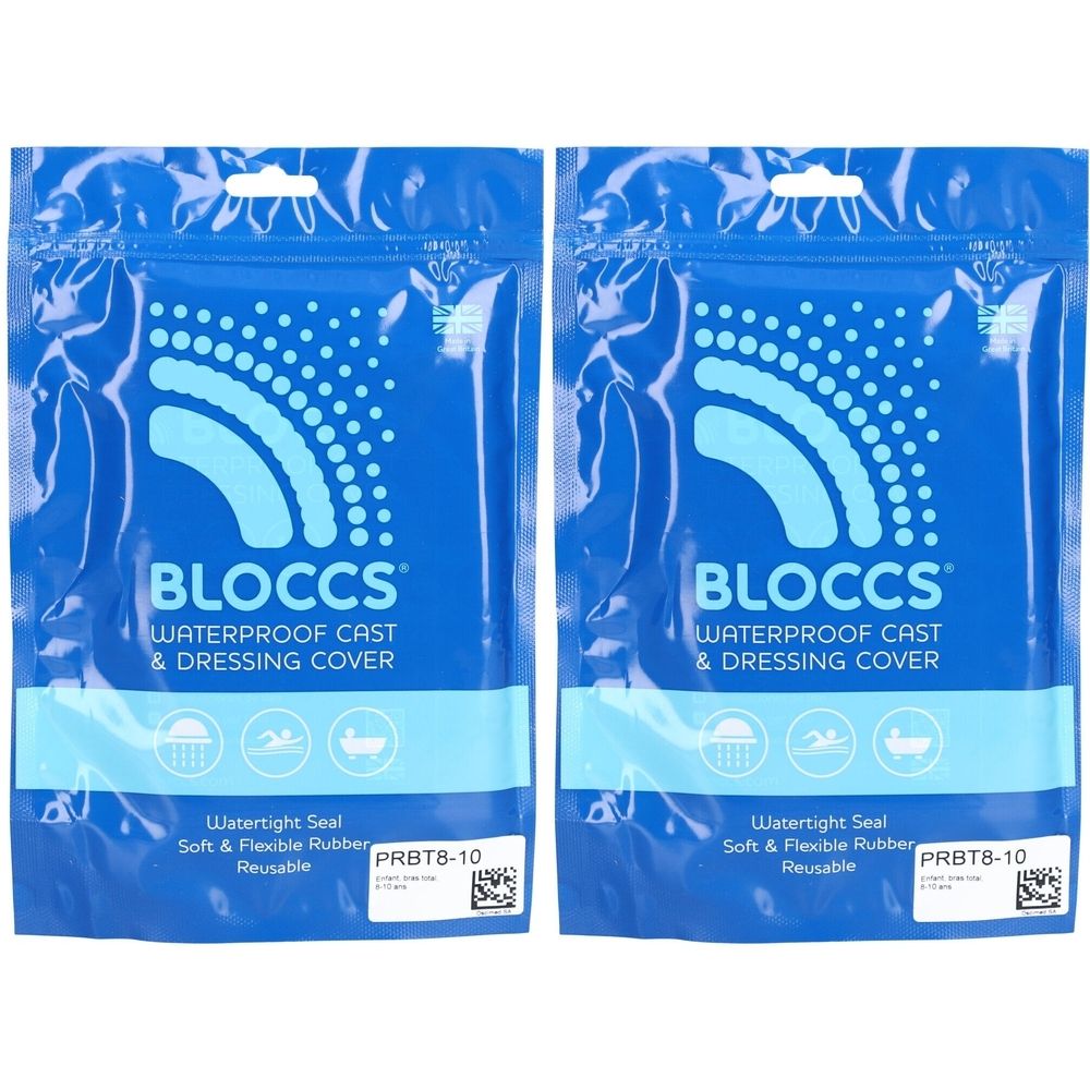 Zwei blaue Verpackungen mit dem Produktnamen BLOCCS. Aufschrift: WATERPROOF CAST & DRESSING COVER. Mit wasserdichtem Siegel.