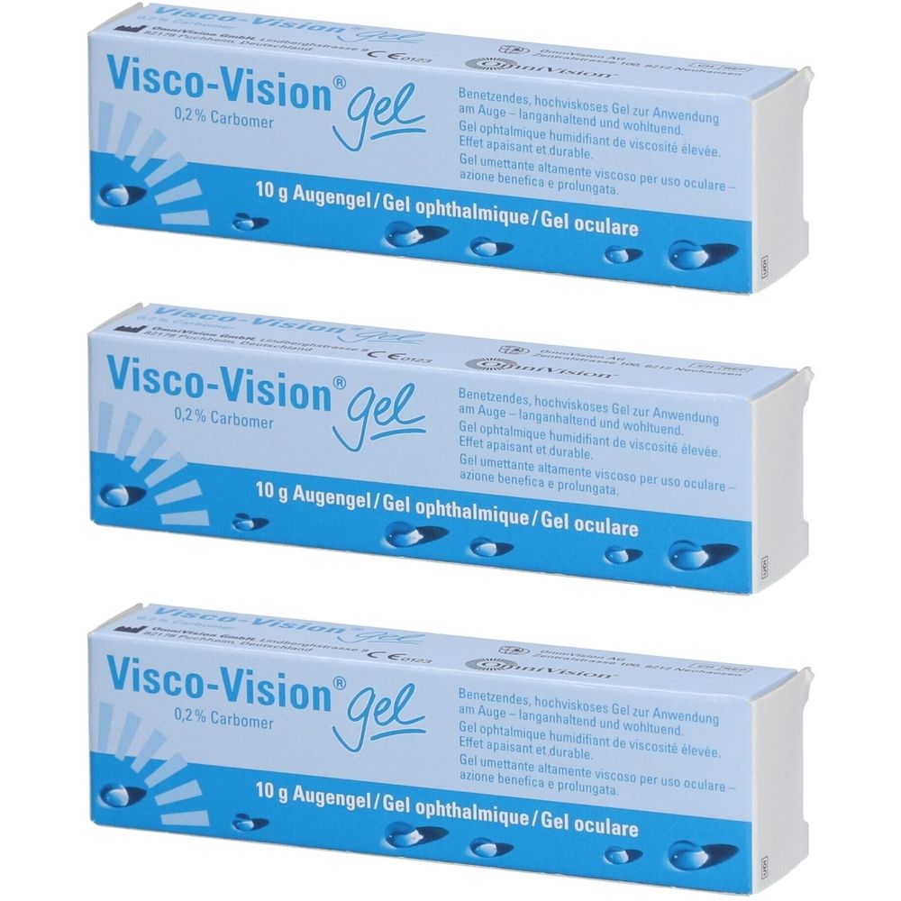 Trois boîtes de Visco-Vision gel. Boîtes blanches avec texte bleu. Inscription: 10 g Augengel/Gel ophtalmique/Gel oculare.