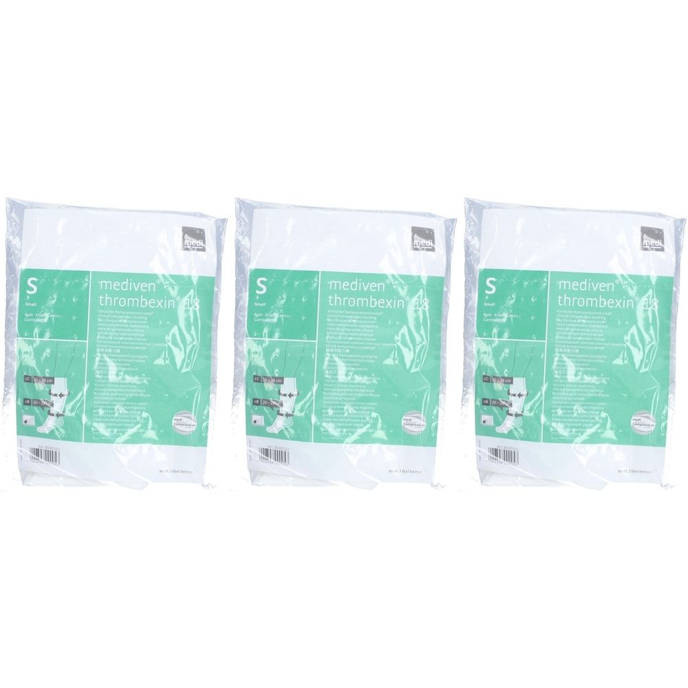 Trois bas de compression emballés. L'emballage indique "S" et "mediven thrombexin".