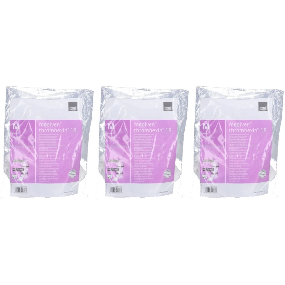 Trois sachets transparents avec informations produit. Chaque sachet porte la mention "mediven thrombexin 18".