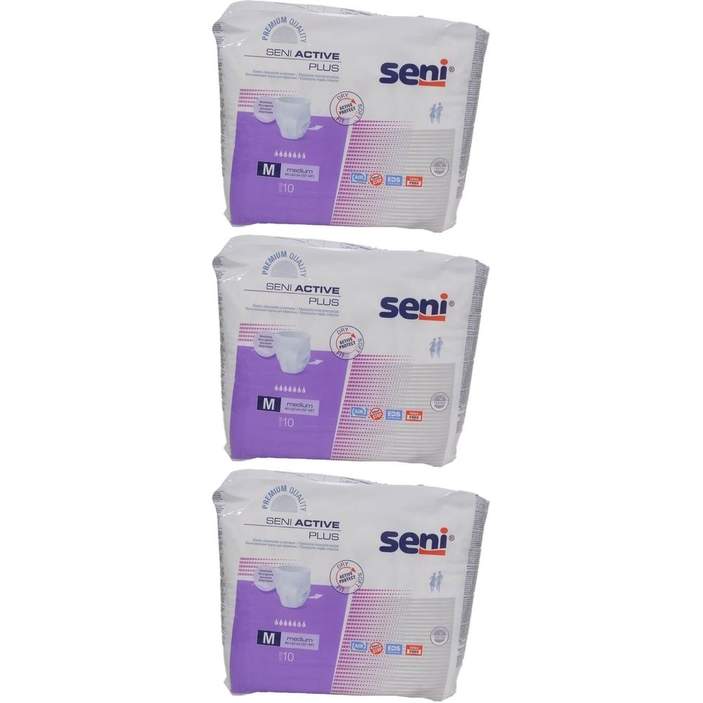 Mehrere Packungen SENI Active Plus Einweg-Saughosen. Größe M, mit lila Akzenten und Produktinformationen. Marke SENI.