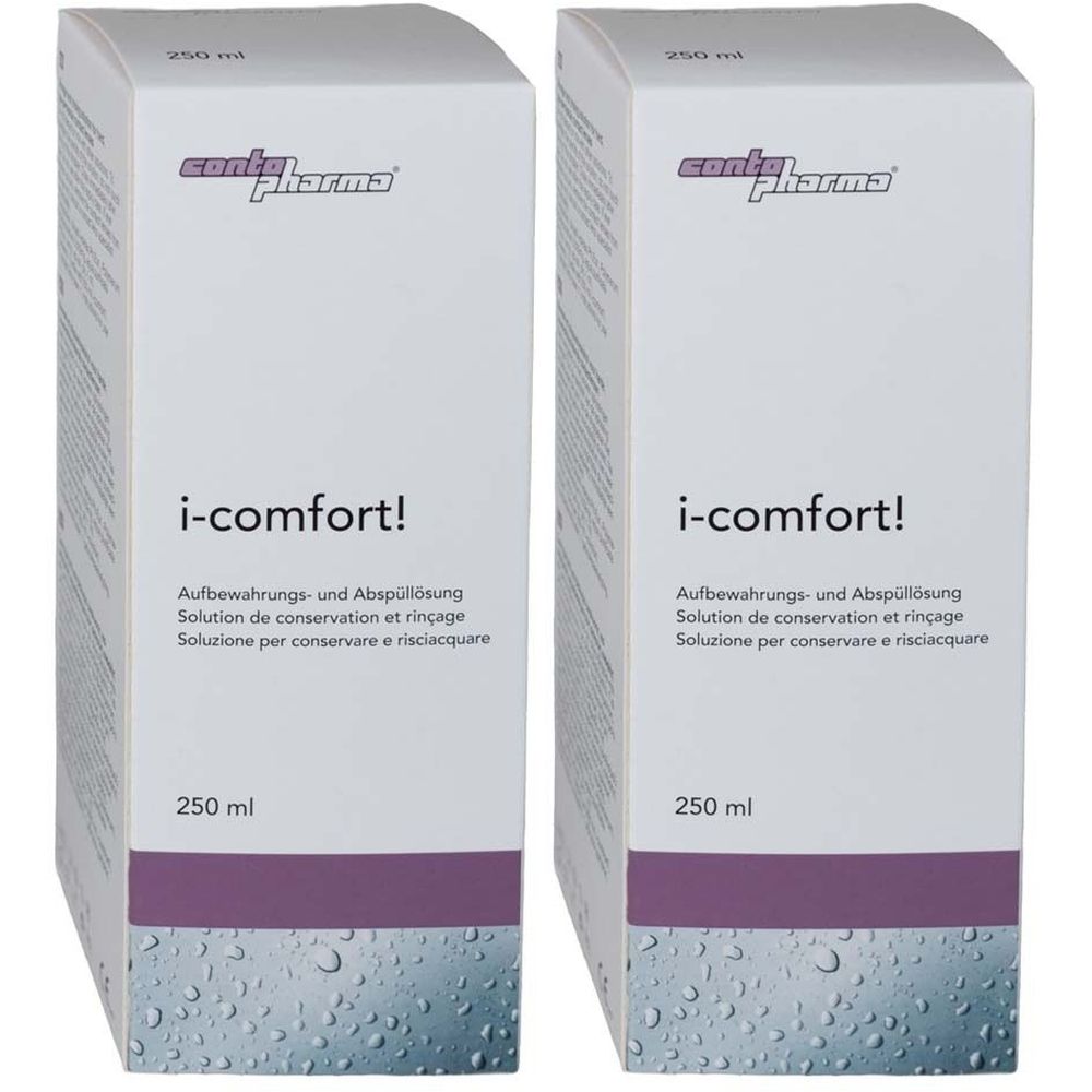 Zwei weiße Kartons mit "i-comfort!". Aufschrift: Aufbewahrungs- und Abspüllösung. 250 ml. Marke: contopharma®.