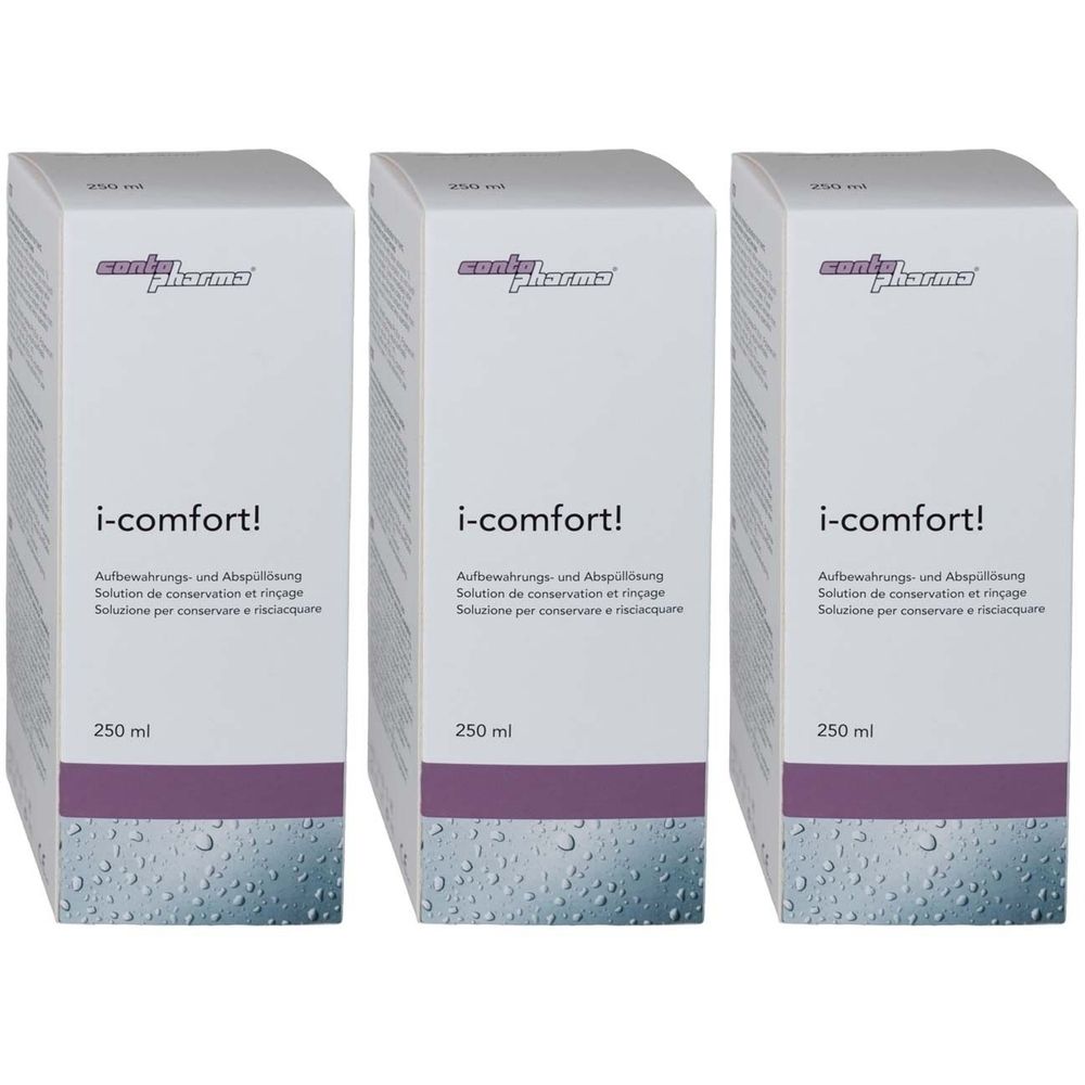 Drei weiße Kartons mit lila Akzenten. Aufschrift: i-comfort! 250 ml. Text in Deutsch, Französisch und Italienisch.