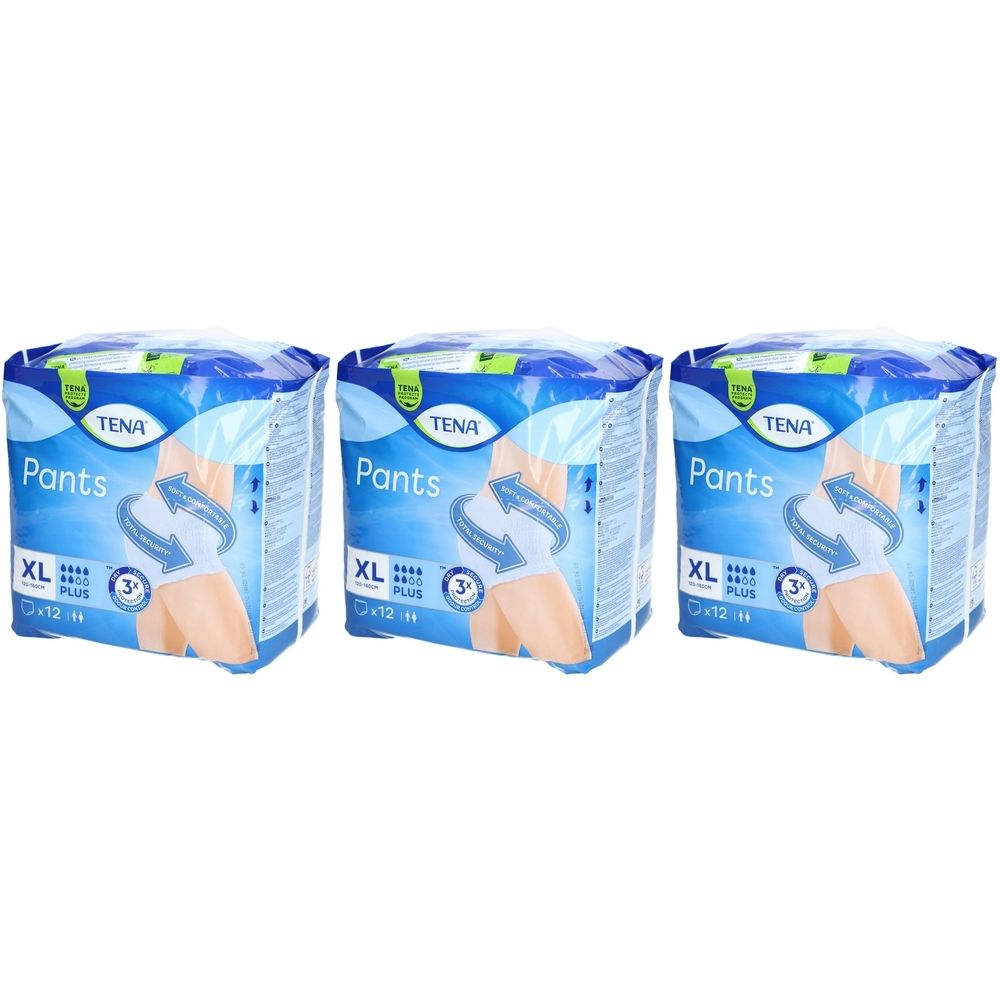 Drei Packungen TENA Pants Plus XL. Blaue Verpackung mit Produktbezeichnung und Illustration. Größe XL, Saugstärke 3.