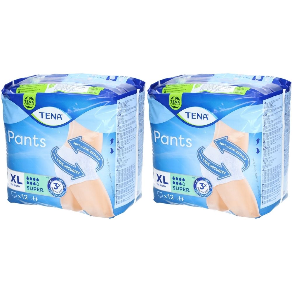 Deux paquets de TENA Pants XL Super. Emballage avec texte bleu et blanc. Texte: 100% sécurité, doux et confortable.