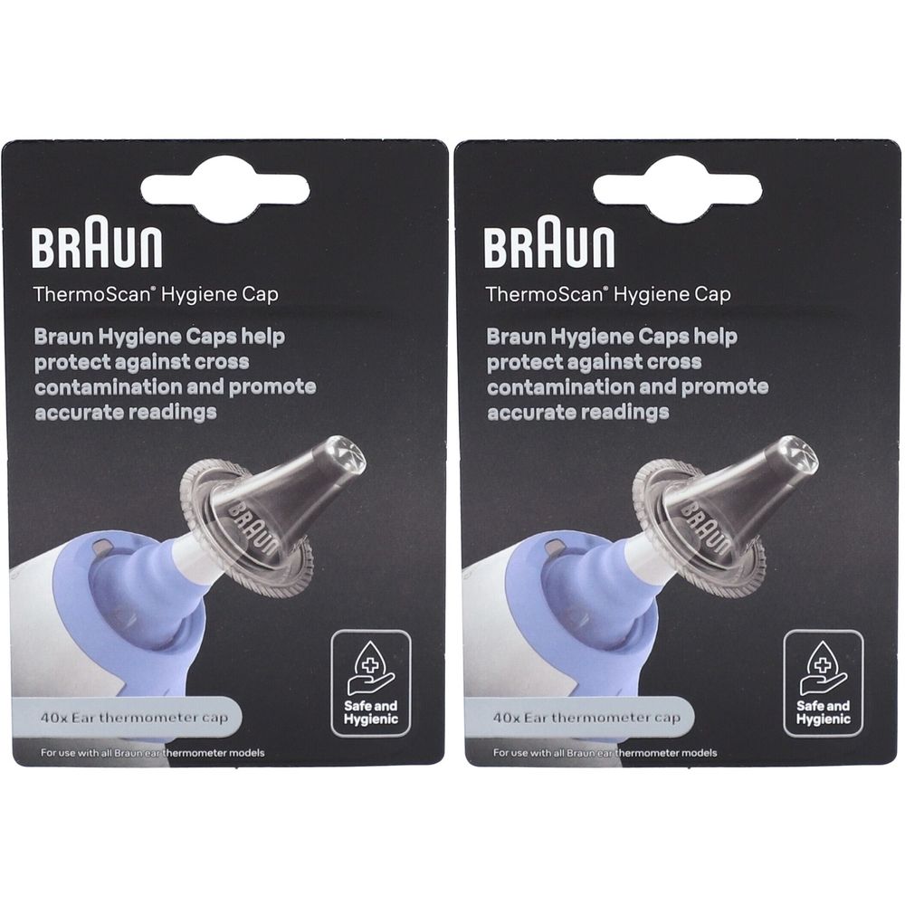 Zwei Packungen mit Braun ThermoScan Hygiene Caps. Schwarze Verpackung mit Produktname und Beschreibung. Gezeigt werden Ohrthermometer-Aufsätze.