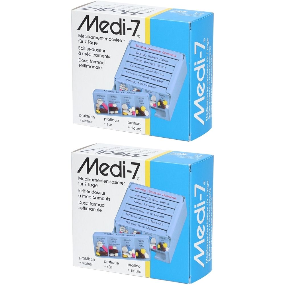 Zwei blaue Medi-7 Medikamentendosierer-Boxen. Aufdruck: Medikamentendosierer für 7 Tage. Enthält eine Wochen-Dosierbox.