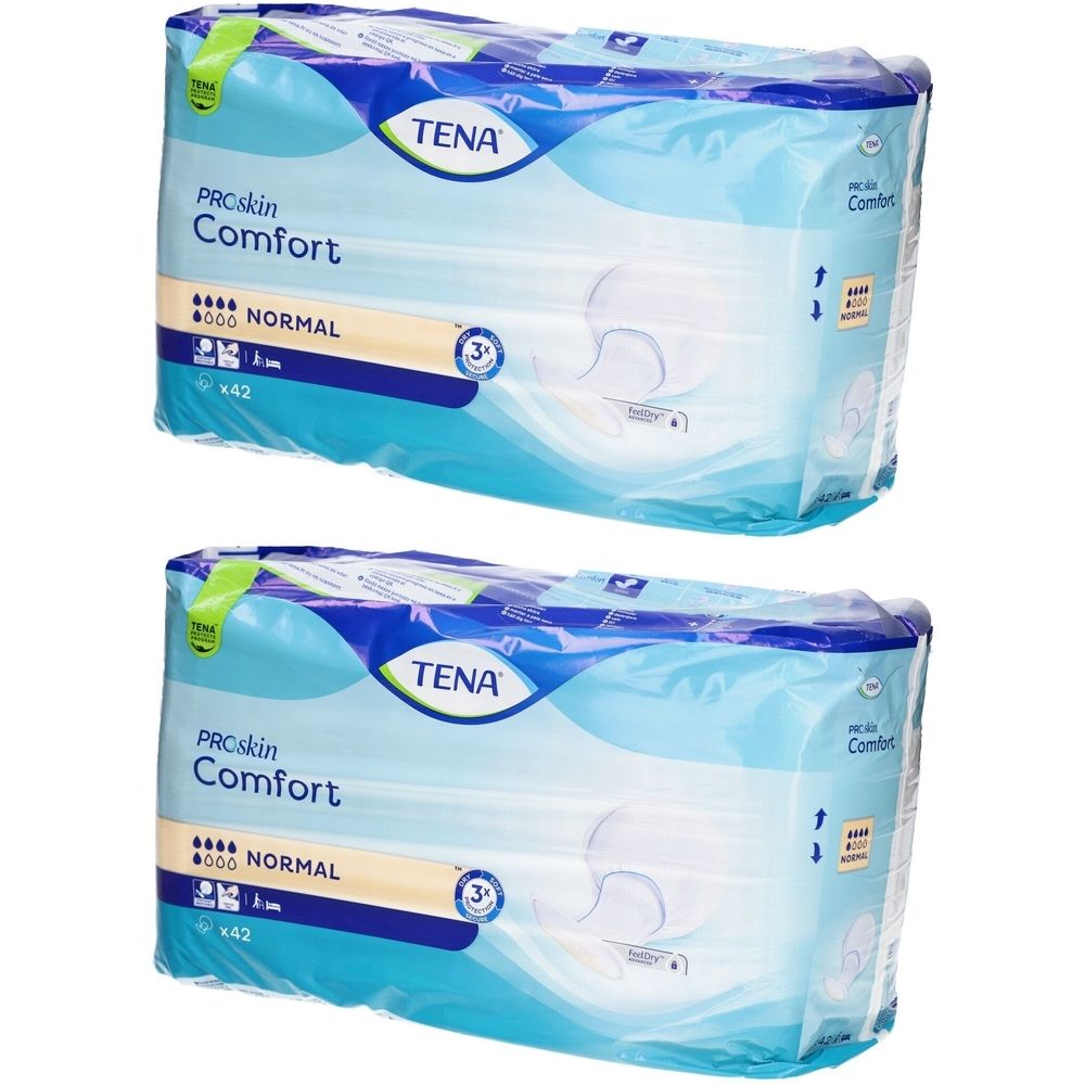 Zwei Packungen TENA Comfort Normal. Blaue Verpackung mit Produktbezeichnung und Saugstärke-Indikator. Sichtbare Marke TENA.